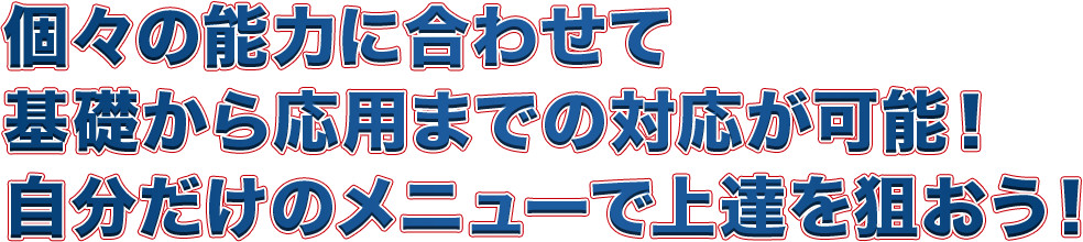 個々の能力に合わせて基礎から応用までの対応が可能!自分だけのメニューで上達を狙おう!